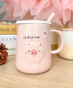 Ly Sứ Hình Chú Heo Dễ Thương Có Nắp và Muỗng Tiện Lợi